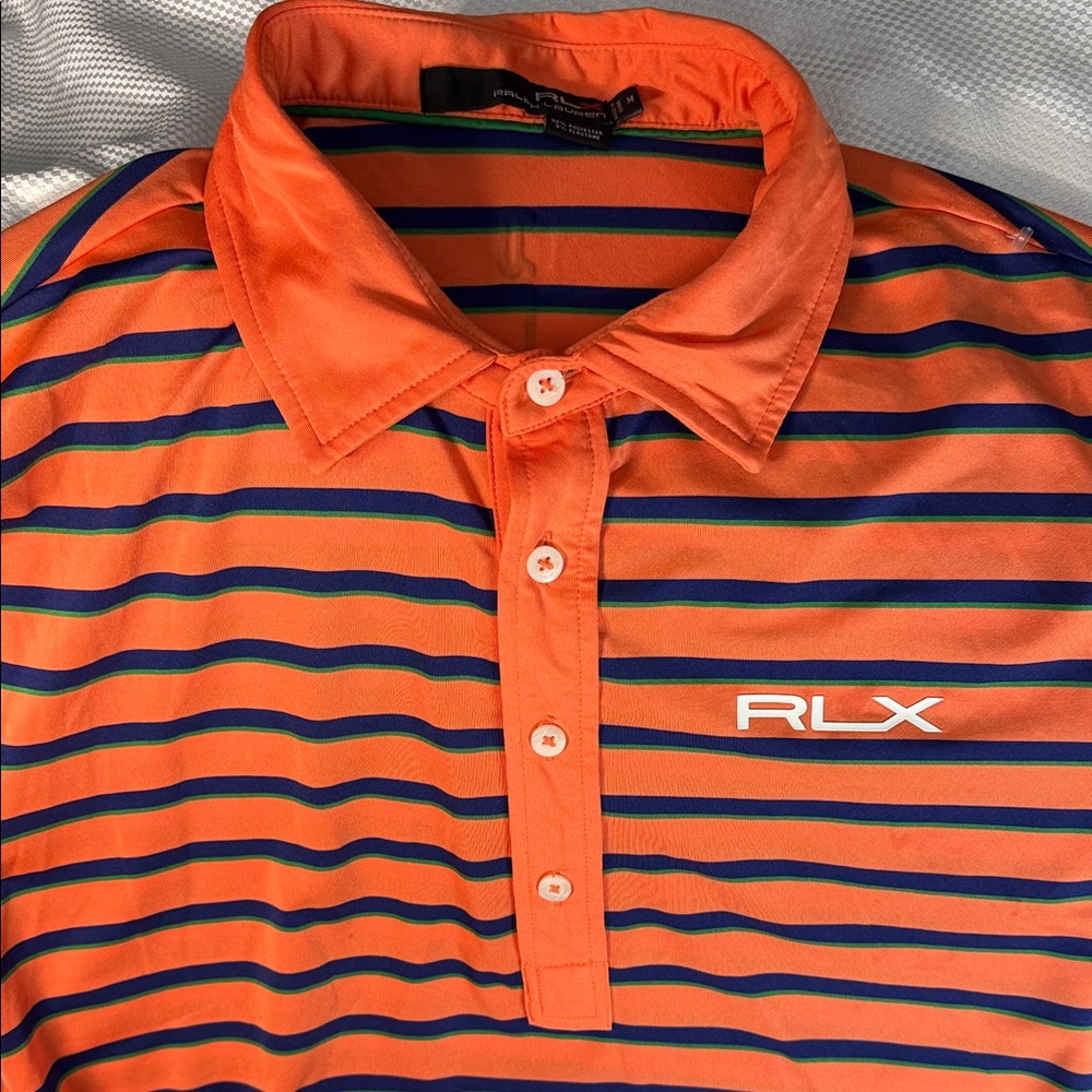 Men's Ralph Lauren RLX Orange and Blue Striped Polo Shirt - Medium